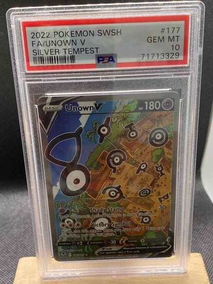 Silver Tempest #177/195 Unown V Alternate Full Art PSA 10 trading card in protective case.