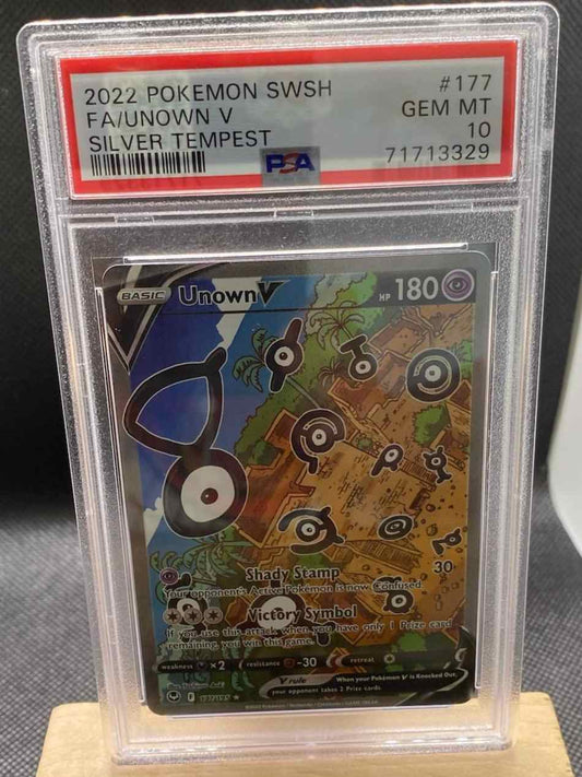 Silver Tempest #177/195 Unown V Alternate Full Art PSA 10 trading card in protective case.