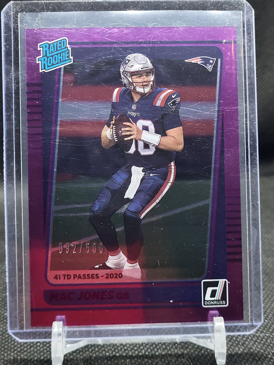 2021 Panini Donruss Season Stat Line Mac Jones Rookie Card in protective case.