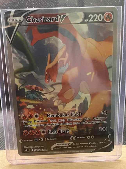 Charizard V S9 103/100 SR Alternate Art Pokemon TCG Indonesia card in protective sleeve.