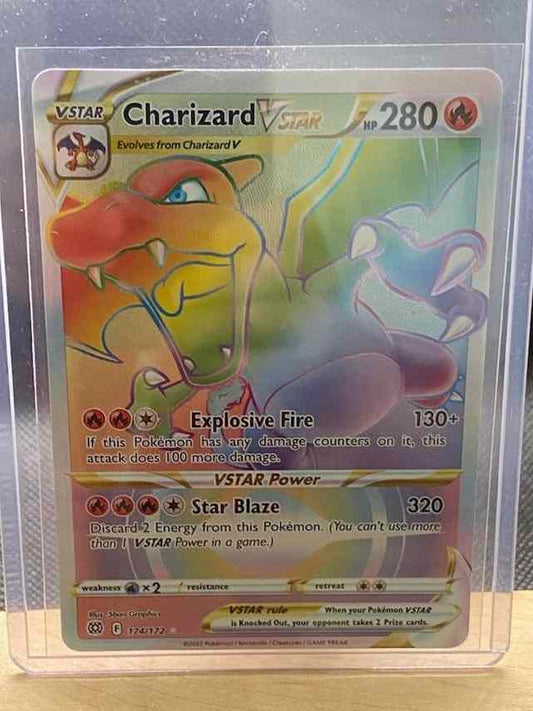 2022 Brilliant Stars #174/172 Charizard VSTAR (Secret) card with vivid design in protective case.