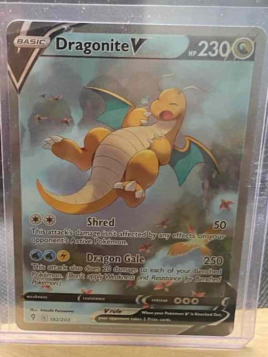 Evolving Skies Dragonite V Full Art Card #192/203 in protective sleeve.