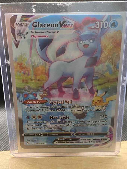 Evolving Skies #209/203 Glaceon VMAX Alternate Art Secret Rare card in protective sleeve.