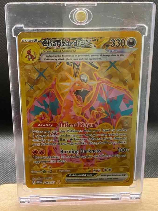 Obsidian Flames #228/197 Charizard ex trading card in protective case featuring a vivid design.