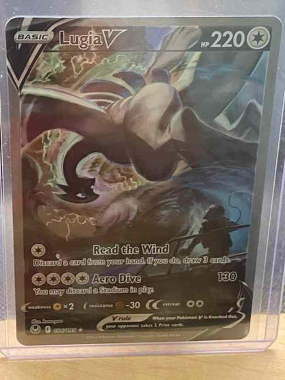 Silver Tempest #186/195 Lugia V alternate full art collectible card in protective case.