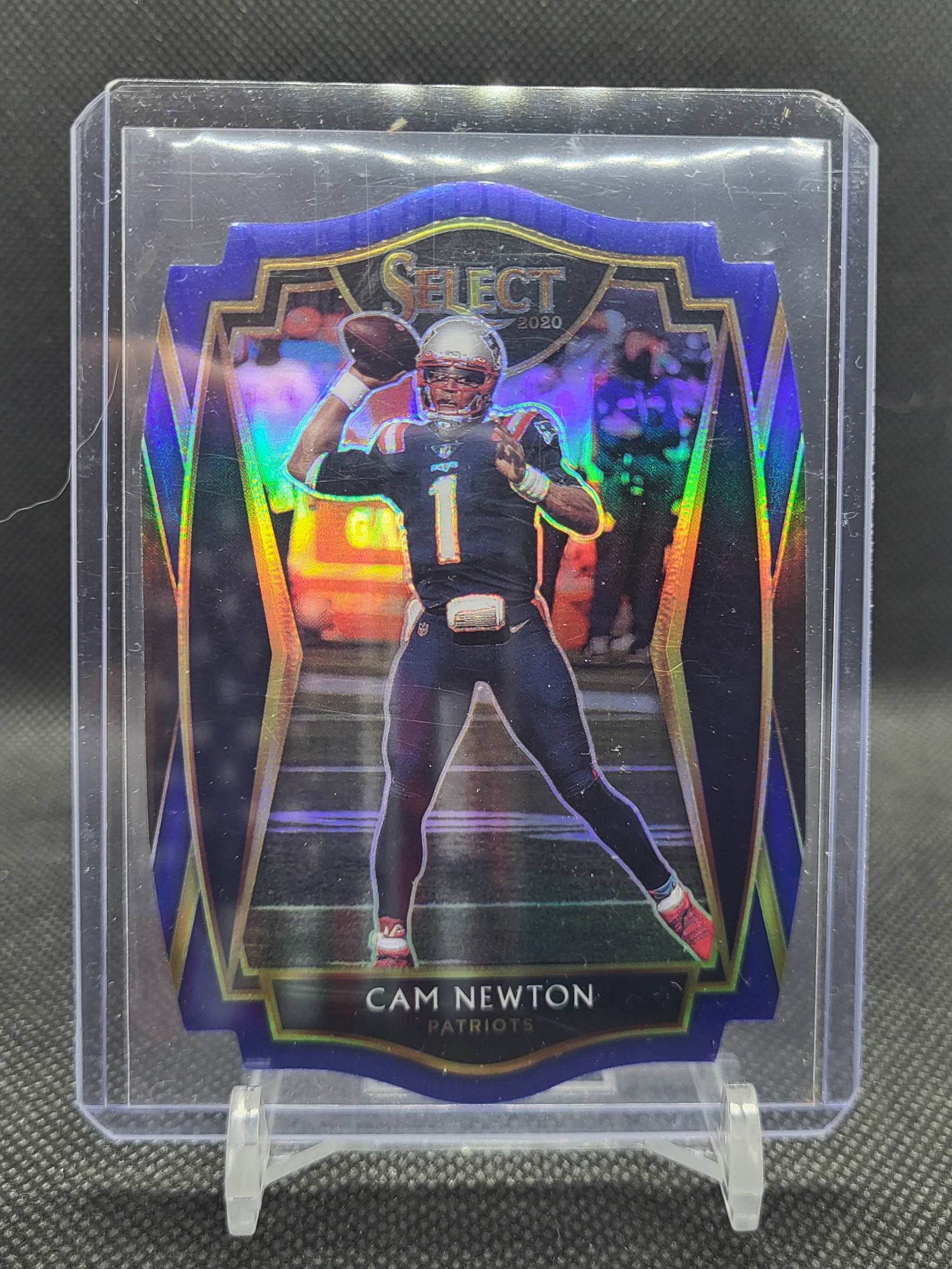 2020 Panini Select Football Cam Newton Blue Prizm #136 card in New England Patriots uniform Premier Level tier