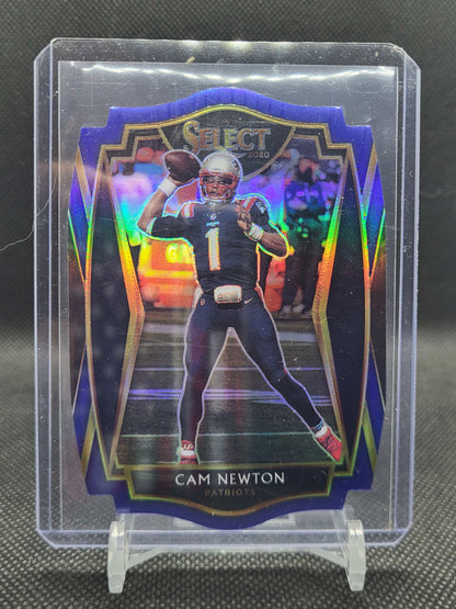 2020 Panini Select Football Cam Newton Blue Prizm #136 card in New England Patriots uniform Premier Level tier