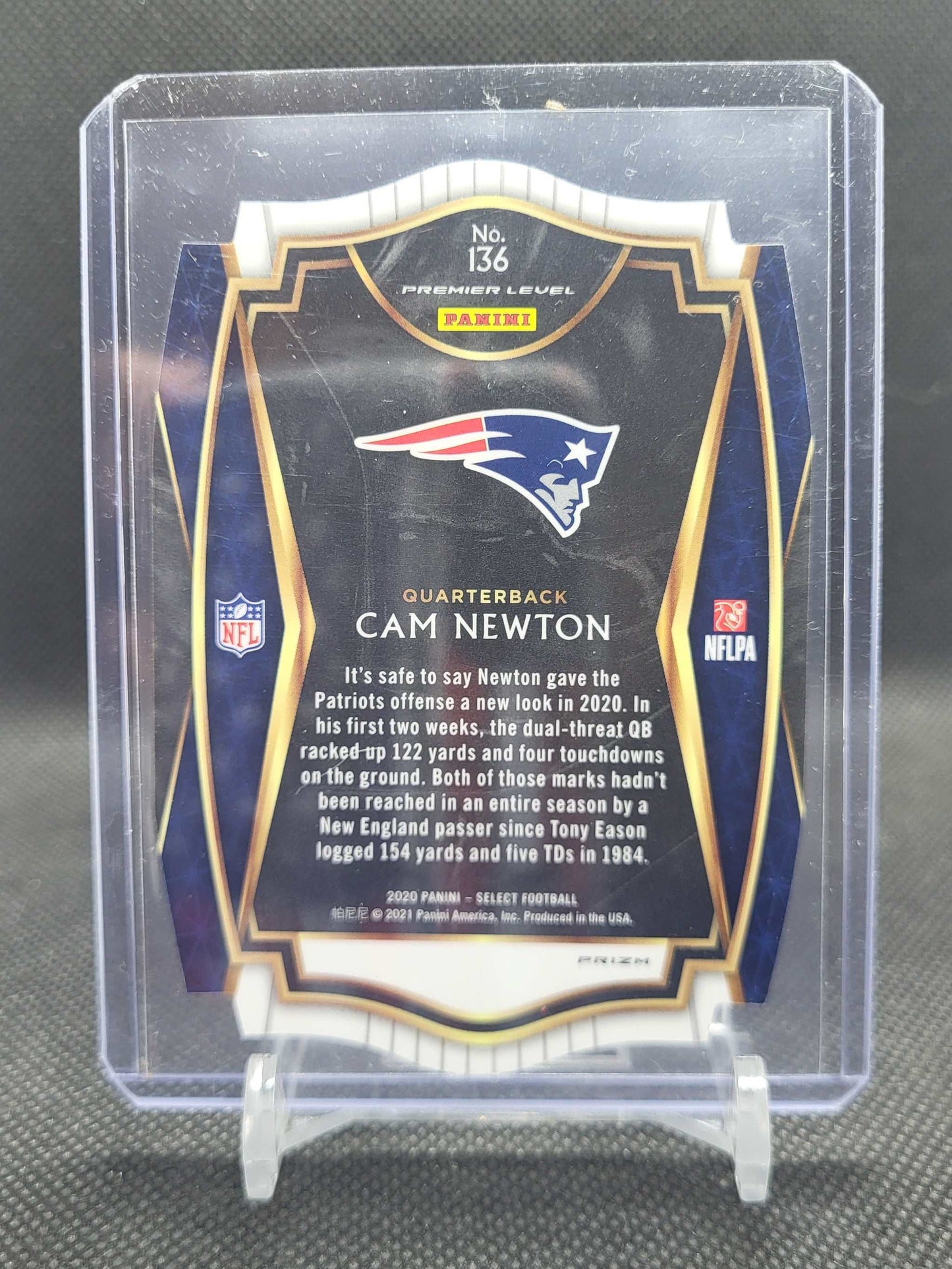 2020 Panini Select Cam Newton Blue Prizm #136 – Premier Level – New England Patriots
