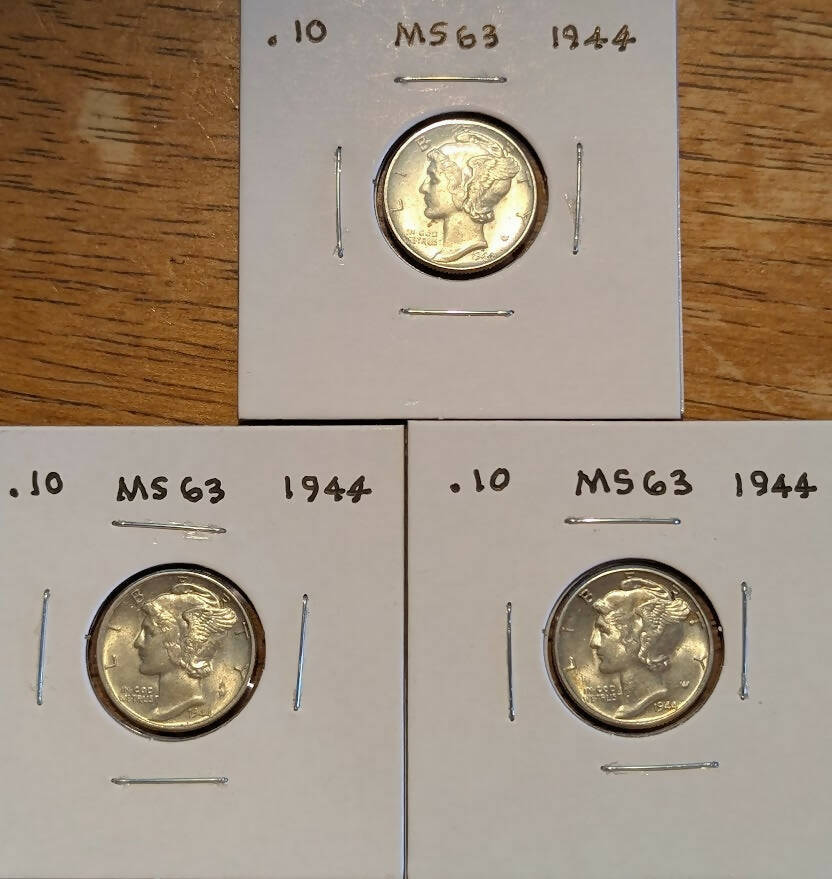 1944 Mercury Dime set of three in mint condition showcasing Winged Liberty Head design.