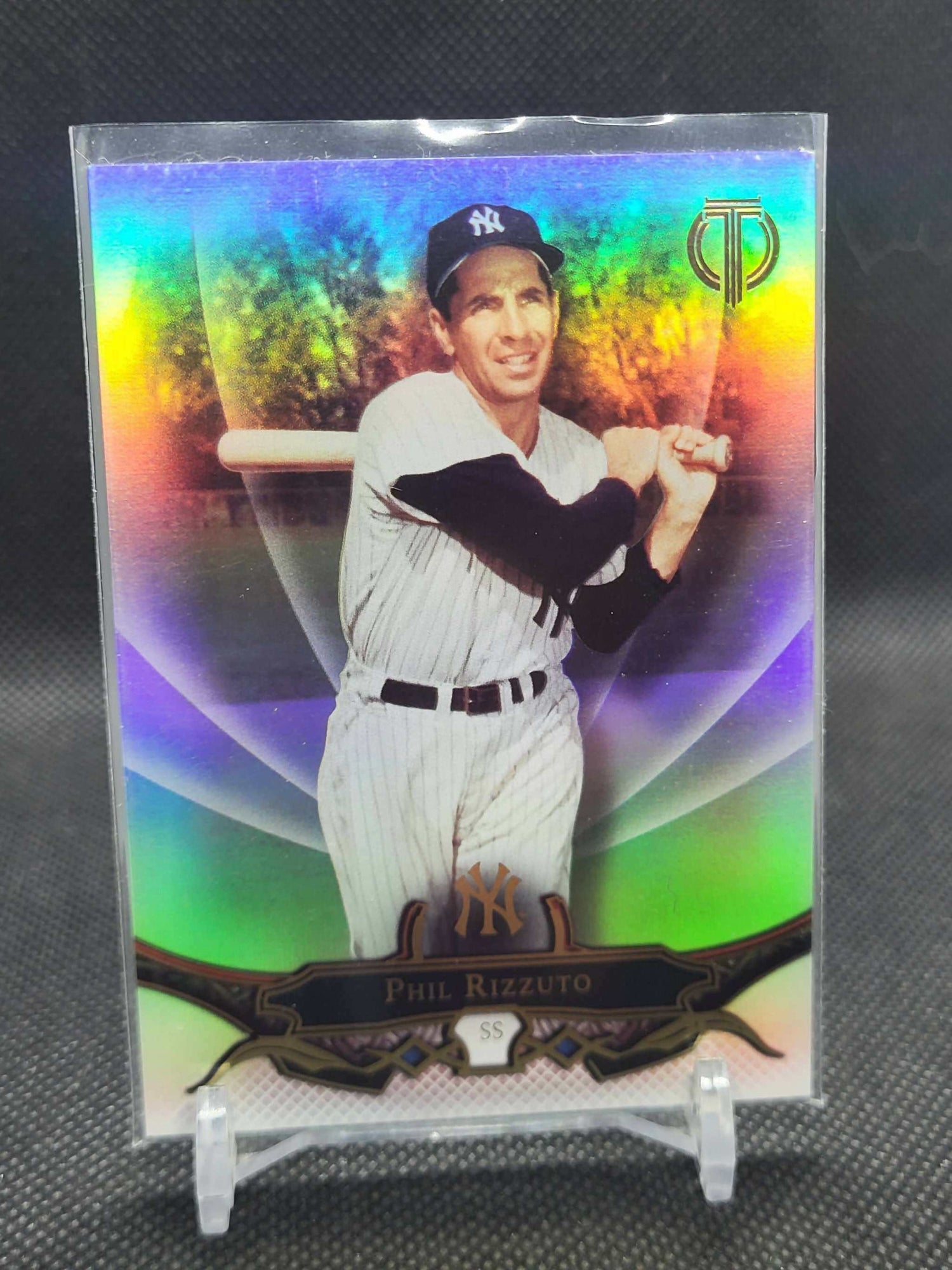 2016 Topps Tribute baseball card featuring Hall of Famer Phil Rizzuto in Yankees uniform