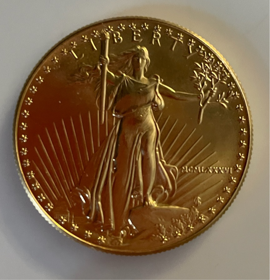 1986 American Eagle $50 gold coin, first-year mint, gem BU, one ounce bullion.