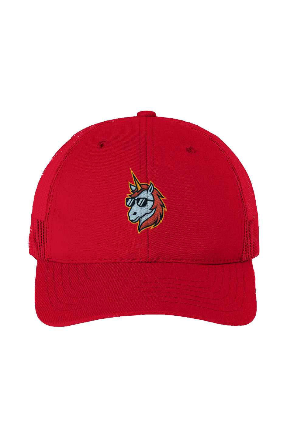 USA-made trucker cap with Rarity Rack logo, featuring a red polyester/cotton blend and mesh back.
