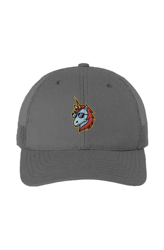 USA-made trucker cap with Rarity Rack logo, featuring polyester/cotton blend and mesh back.