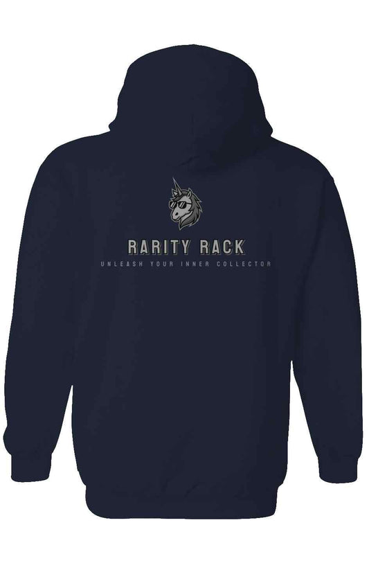 USA pullover hoodie with Rarity Rack logo, 100% cotton, terry interior, lined hood.
