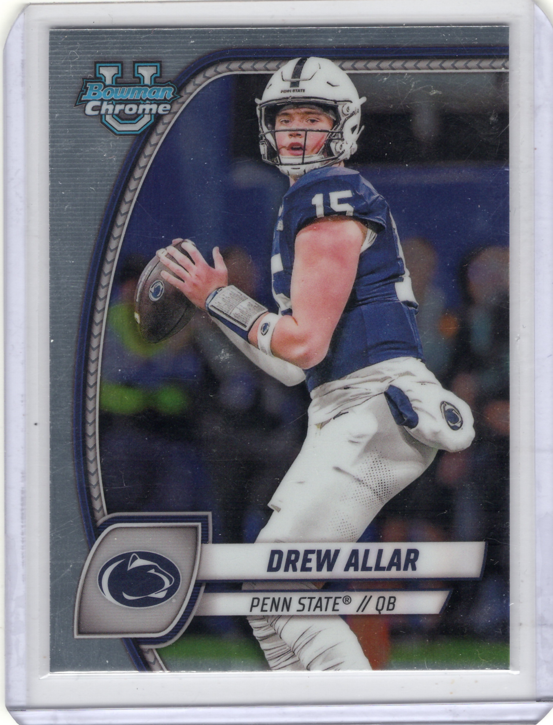 Drew Allar 2024 Bowman Chrome U football trading card, featuring vibrant color and detail, ideal for collectors.