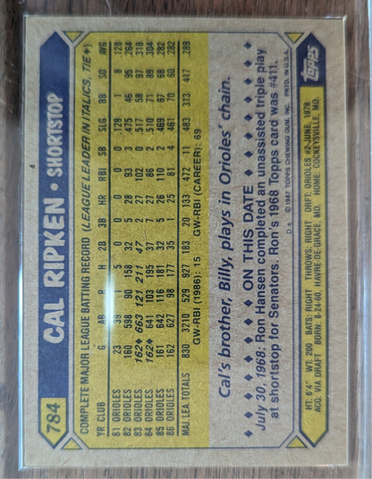 1987 signed Topps #312 Cal Ripken baseball card, rare collectible.