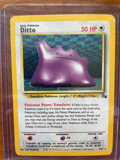 Fossil #03/62 Ditto Pokémon card with unique transformation ability.