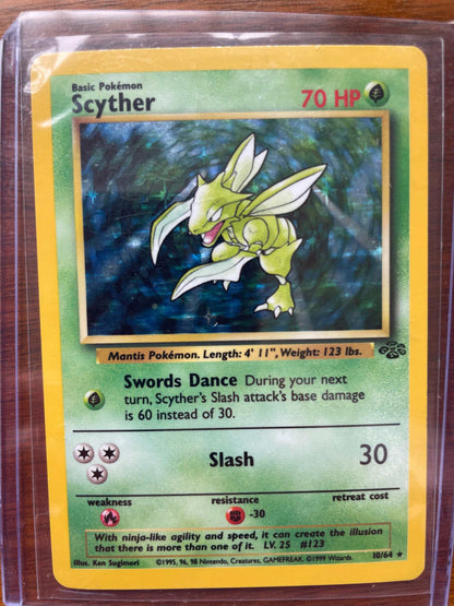 Jungle #10/64 Scyther Pokemon card with jungle theme and 70 HP.