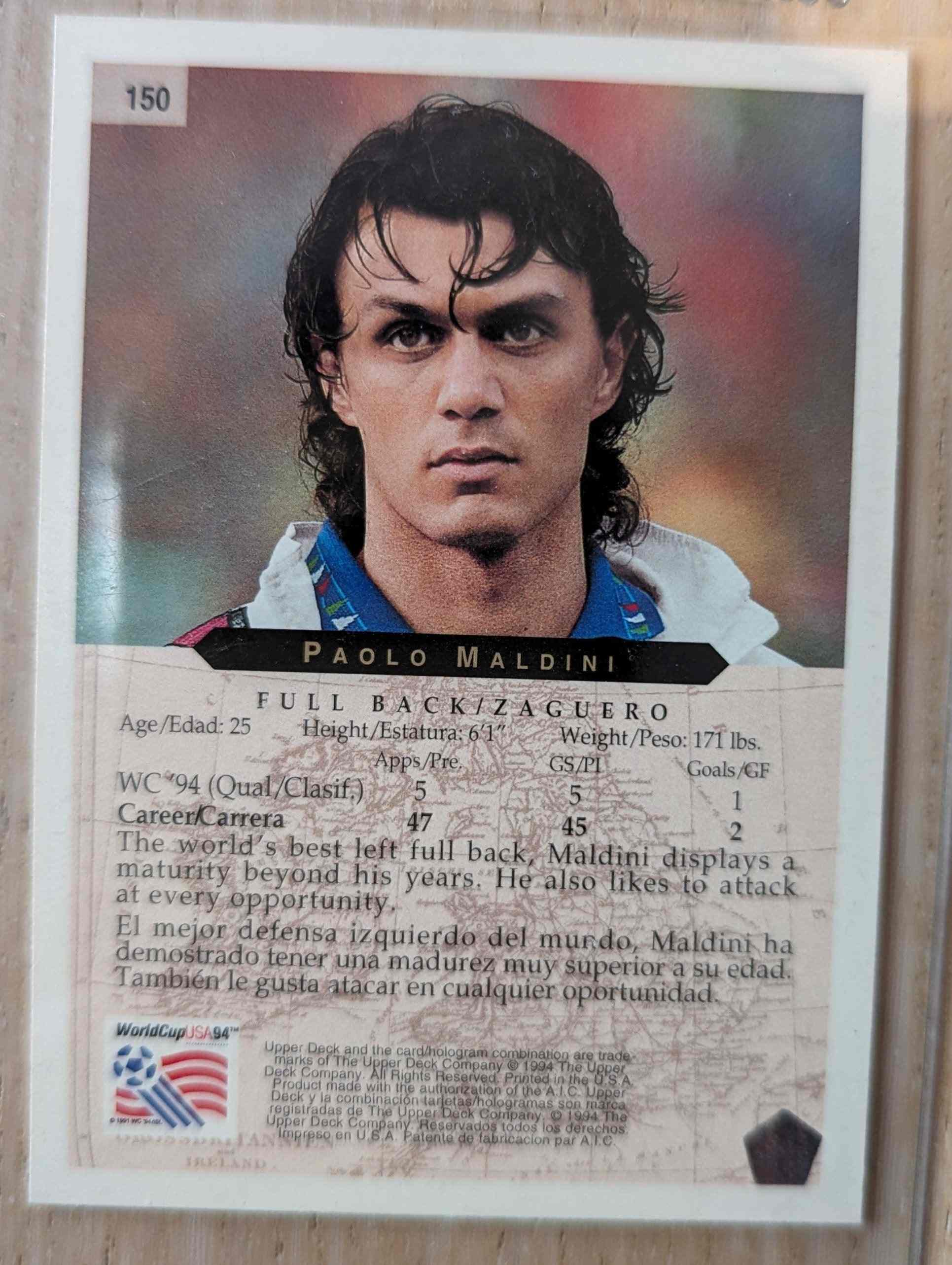 1994 Upper Deck World Cup Contenders #150 Paolo Maldini trading card.