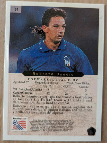 1994 Upper Deck World Cup Heroes card #34 Roberto Baggio Italian soccer player.