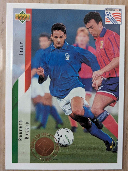 1994 Upper Deck World Cup Heroes Roberto Baggio card showing him in Italy jersey.