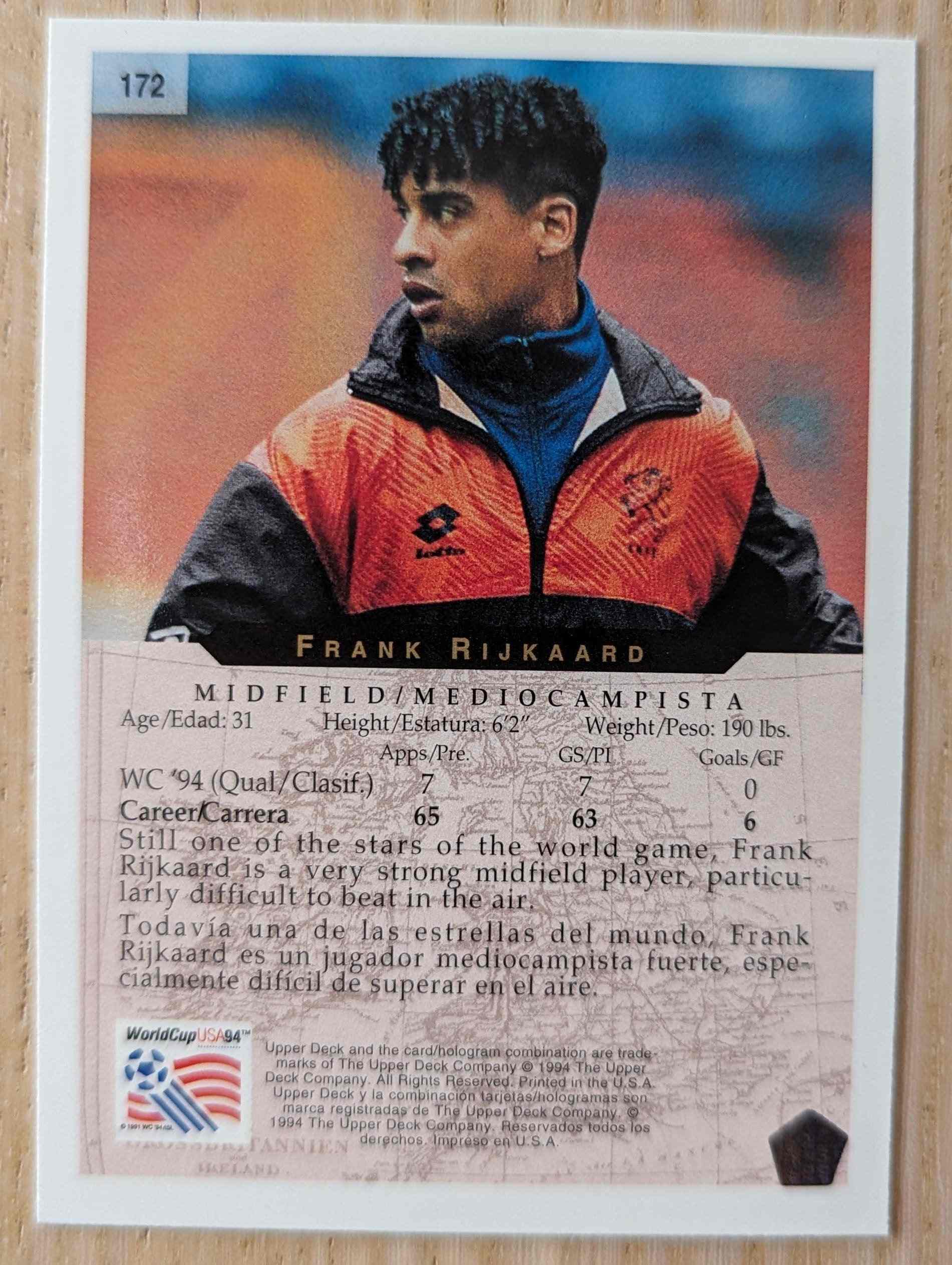 1994 Upper Deck World Cup Contenders English/German #141 Frank Rijkaard soccer trading card.