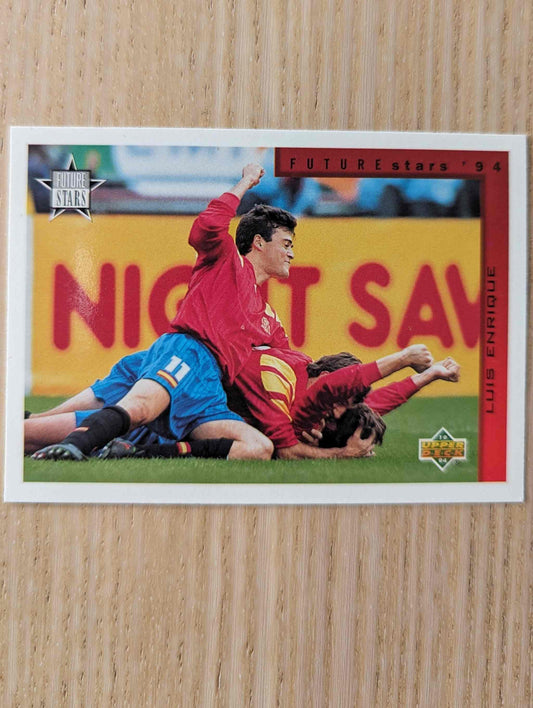 1994 Upper Deck World Cup Contenders card featuring Luis Enrique celebrating.
