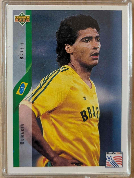 1994 Upper Deck World Cup Contenders card featuring Romario in Brazil jersey.