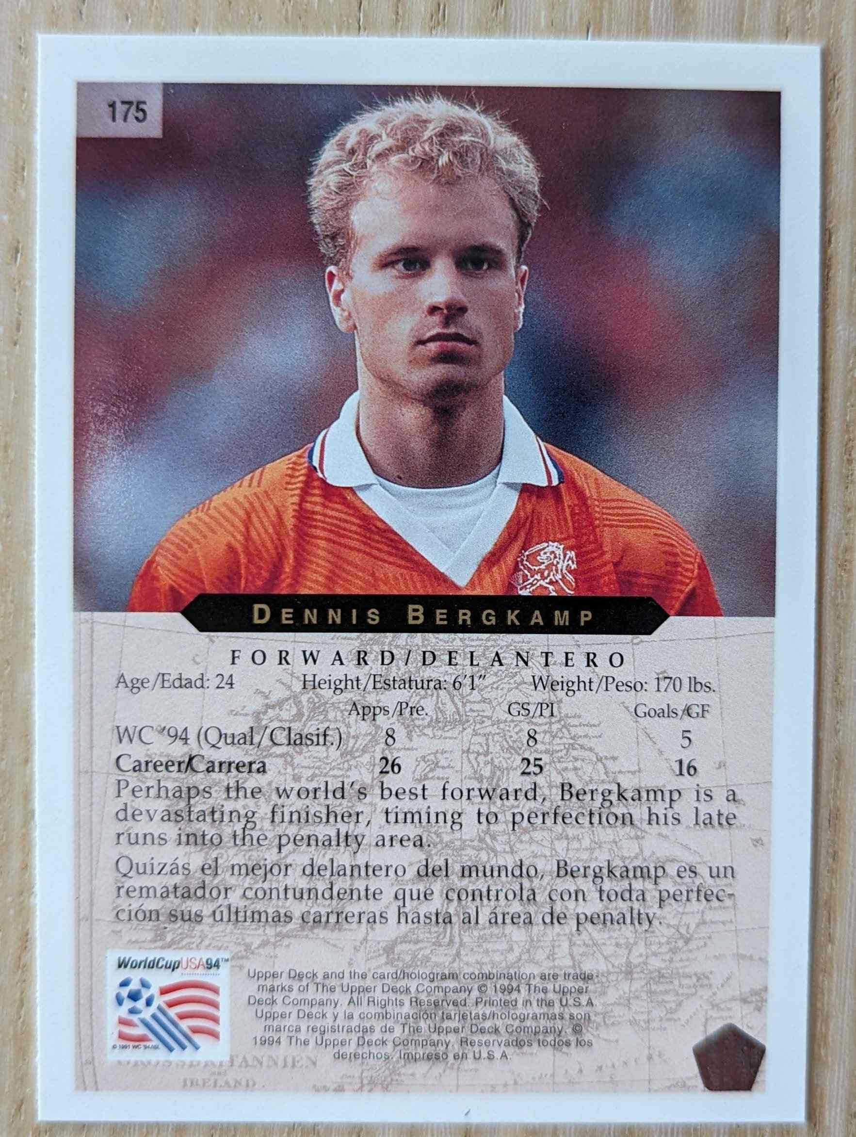 1994 Upper Deck World Cup Contenders Dennis Bergkamp trading card #144.