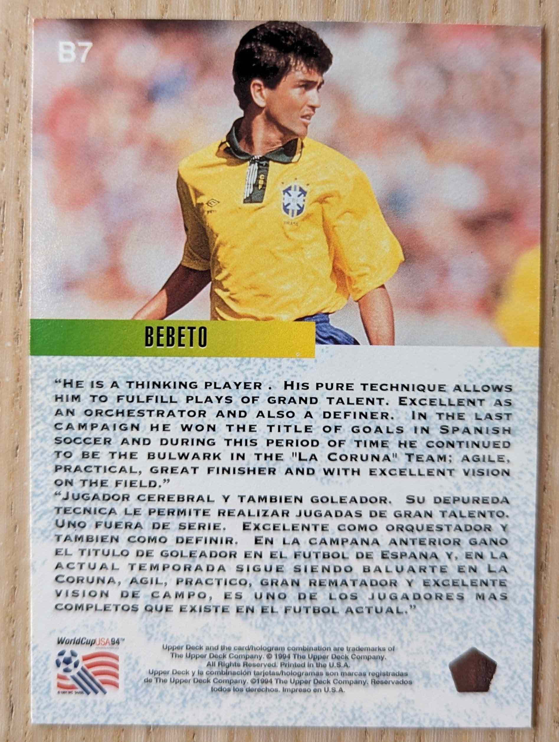 1994 Upper Deck World Cup Contenders Bebeto card, English-Spanish text.