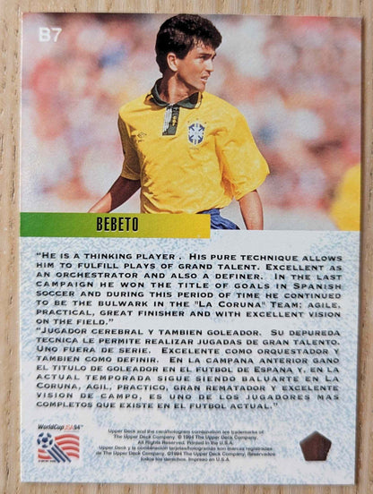 1994 Upper Deck World Cup Contenders Bebeto card, English-Spanish text.
