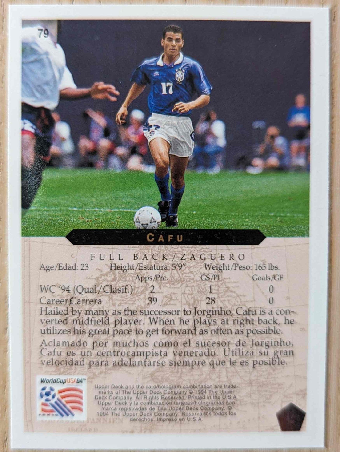 1994 Upper Deck World Cup Contenders English/German #62 Cafu soccer trading card featuring Brazilian player.