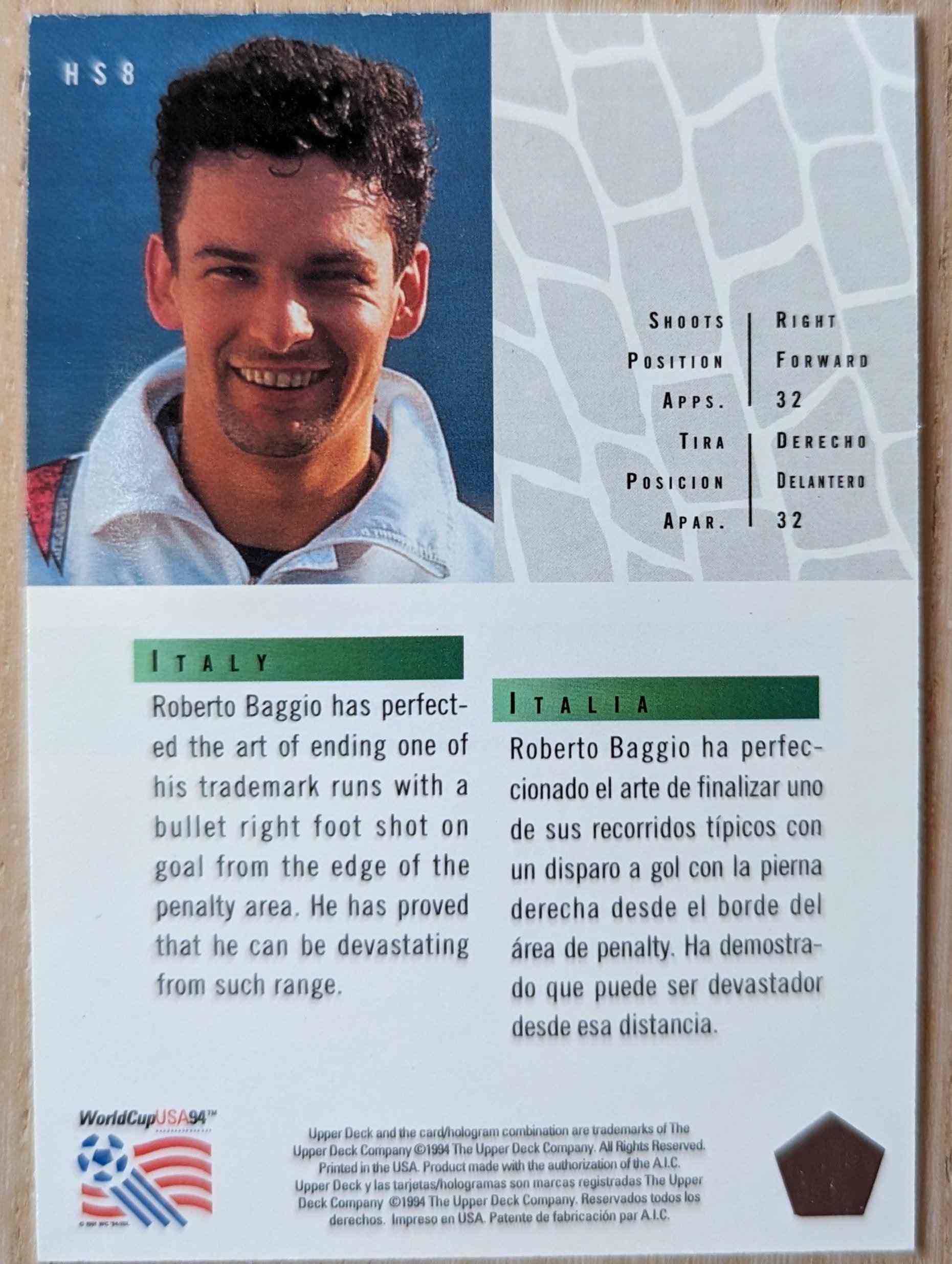1994 Upper Deck World Cup USA Roberto Baggio #HS8 Hot Shots Soccer Card featuring right forward player details.