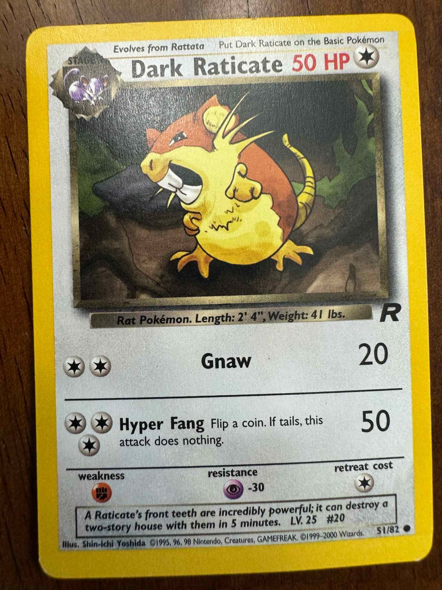 Team Rocket #51/82 Dark Raticate Pokémon card with 50 HP and attack details.