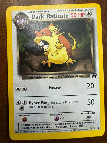 Team Rocket #51/82 Dark Raticate Pokémon card with 50 HP and attack details.