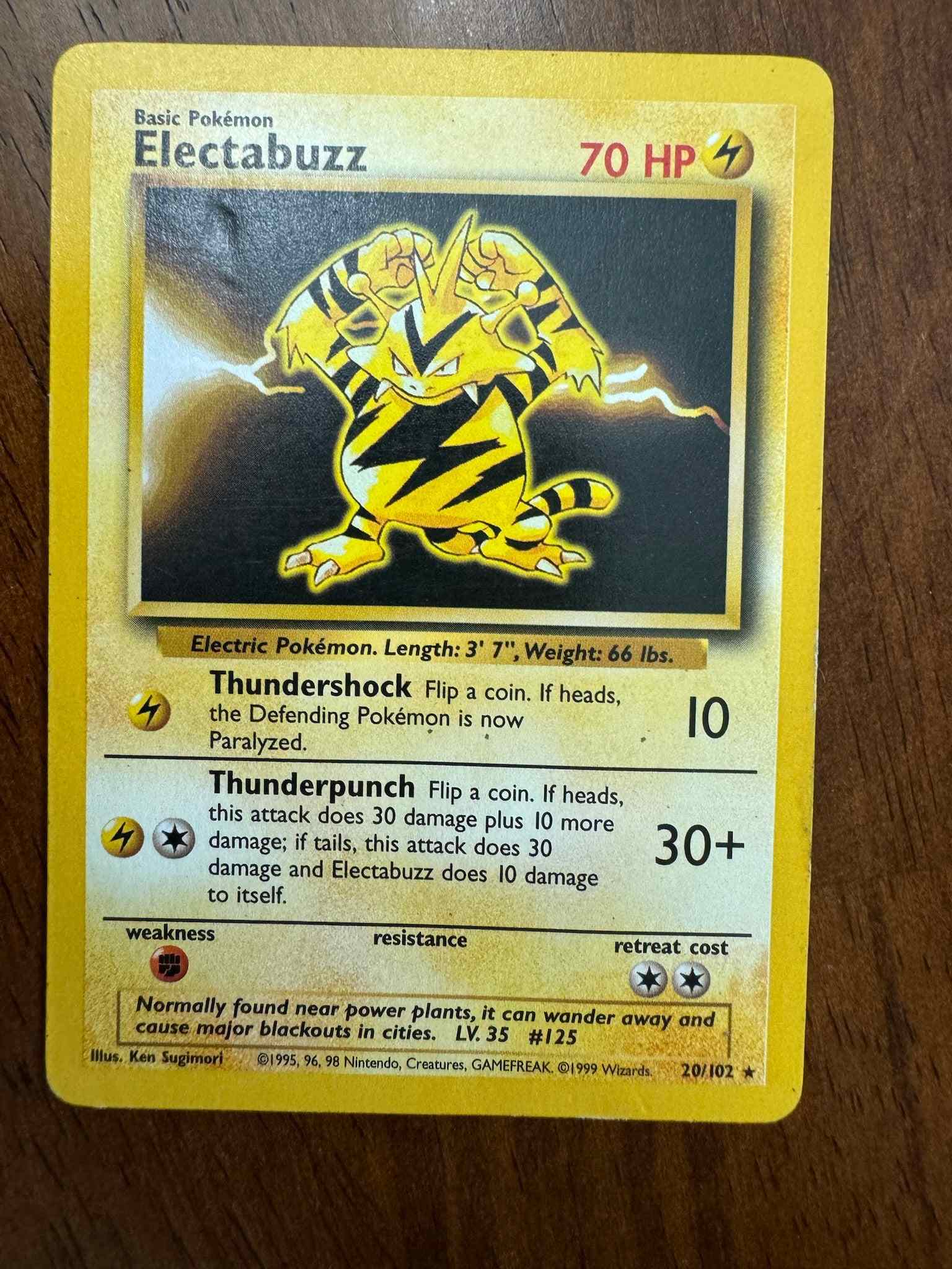 Base Set #020/102 Electabuzz Pokemon card showing design and details.