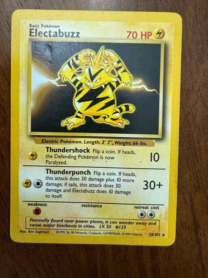 Base Set #020/102 Electabuzz Pokemon card showing design and details.