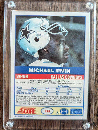 1989 Score #18 Michael Irvin football card featuring Dallas Cowboys player in protective case.