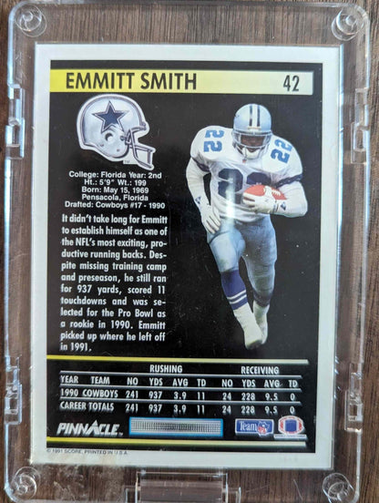 1991 Pinnacle #42 Emmitt Smith football card, Dallas Cowboys.