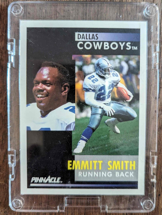 1991 Pinnacle #42 Emmitt Smith football card in protective case.