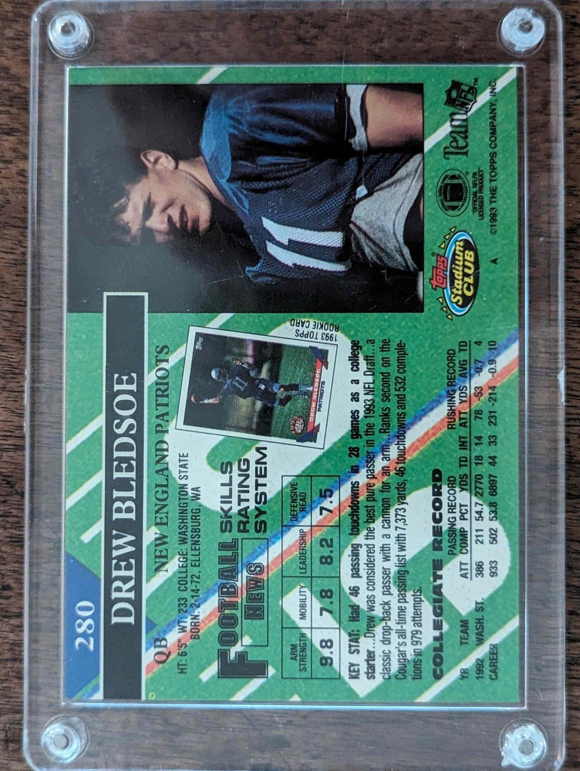 1993 Stadium Club #280 Drew Bledsoe football card in protective case showing player stats and details.