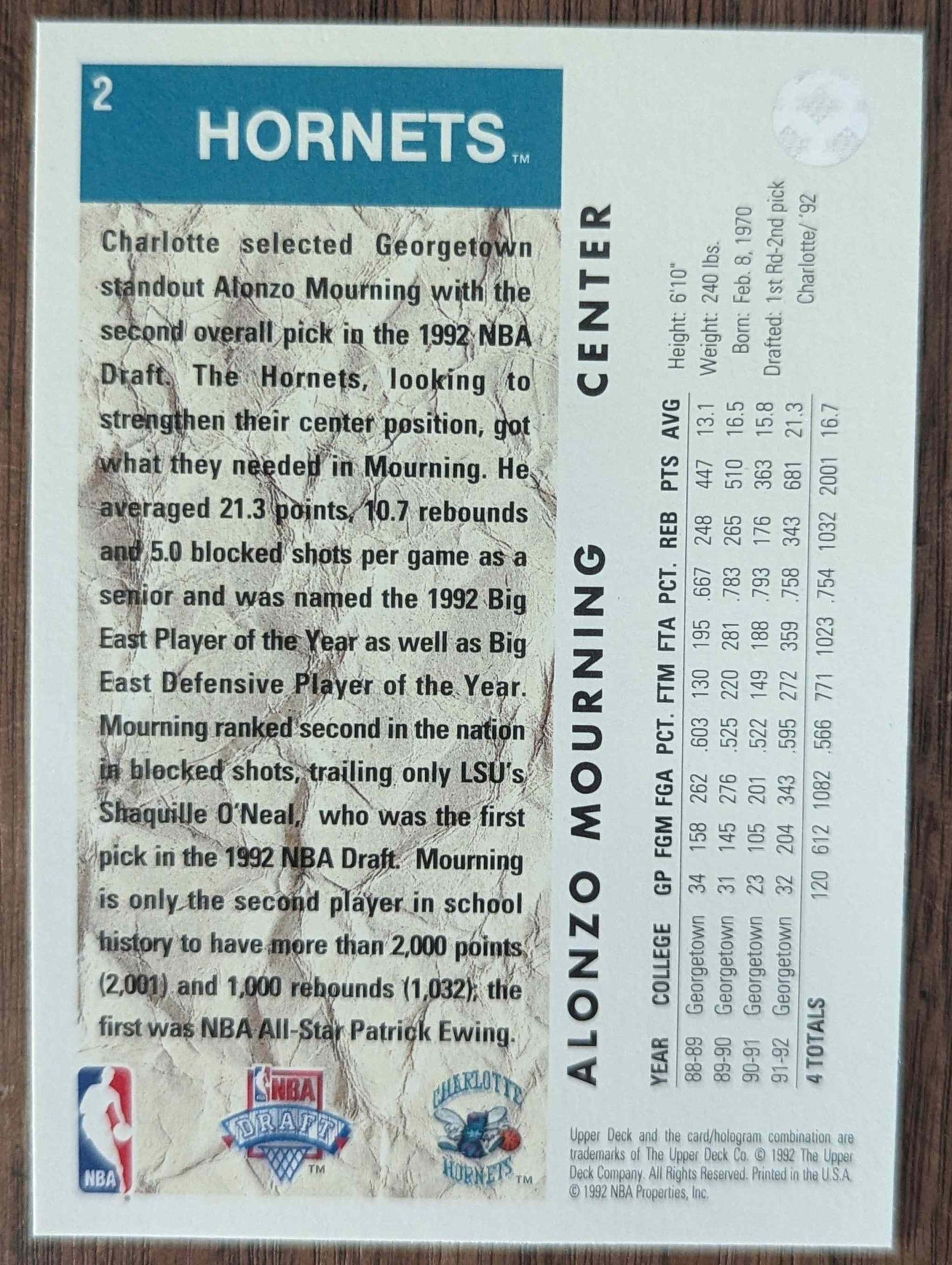 1992-93 Upper Deck #2b Alonzo Mourning Rookie Card featuring Charlotte Hornets player stats.