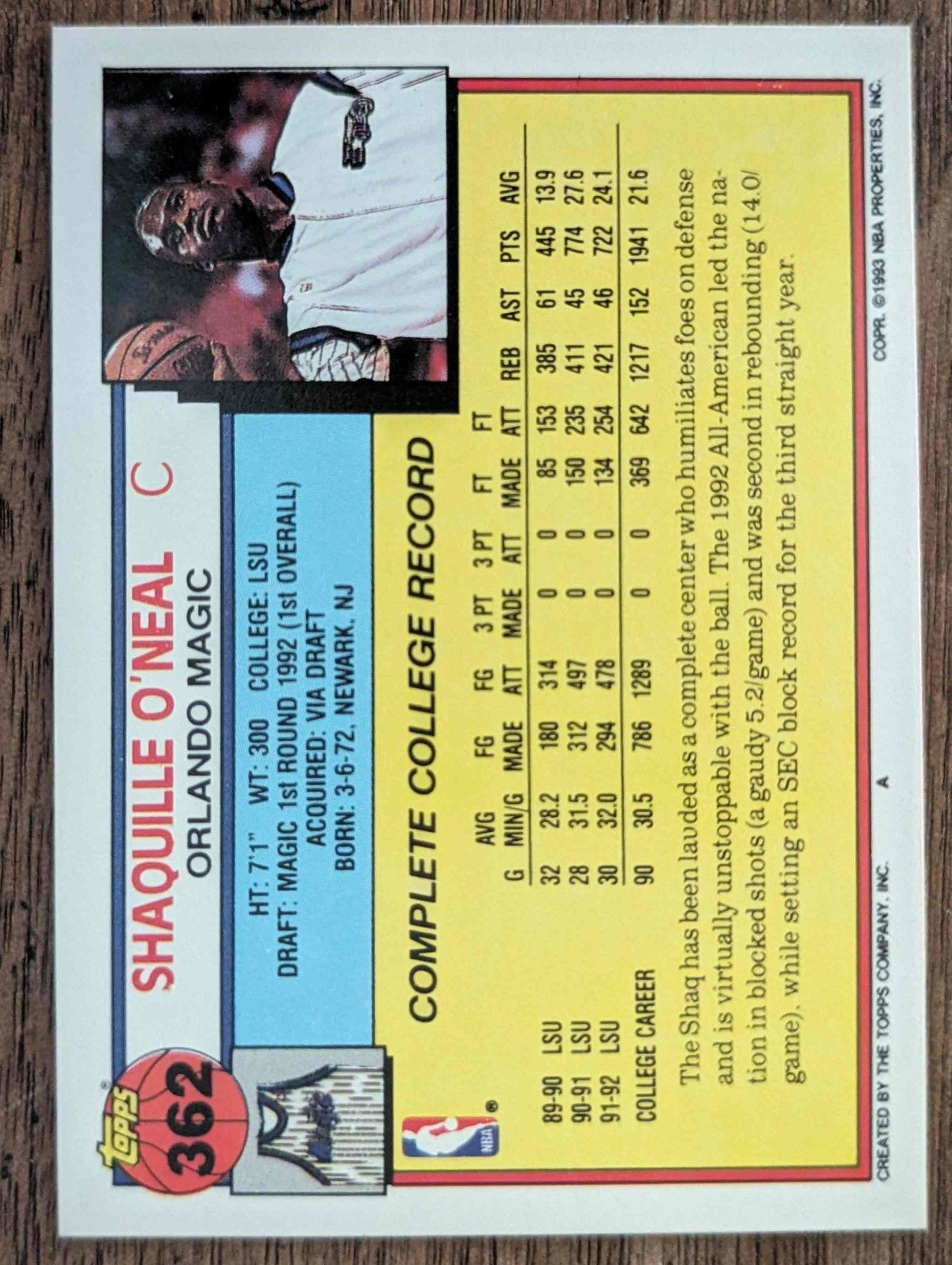 1992-93 Topps #362 Shaquille O'Neal Gold basketball card, 24hr auction item.