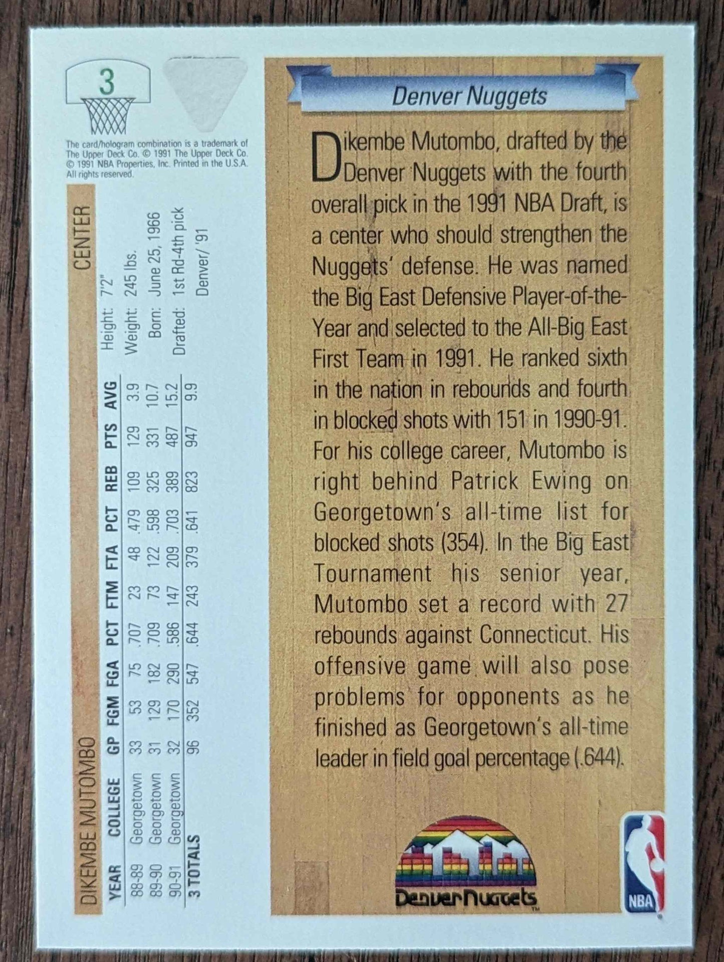 1991-92 Upper Deck #3 Dikembe Mutombo Rookie Card Denver Nuggets NBA Collectible