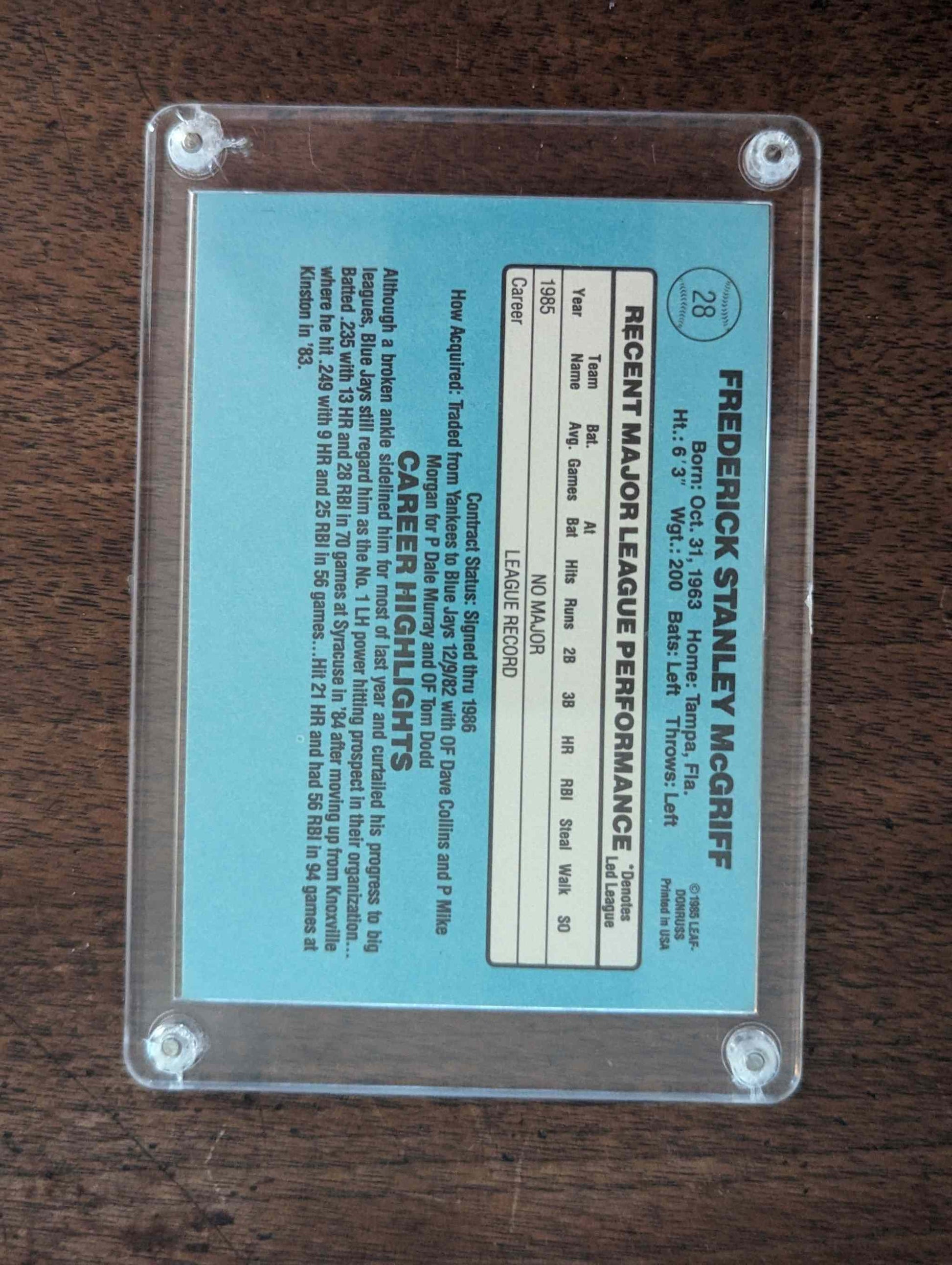 1986 Leaf #28 Fred McGriff baseball card collectible in protective case.