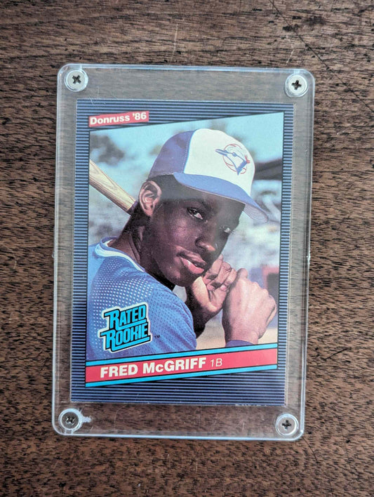 1986 Leaf #28 Fred McGriff baseball card in protective case, vintage sports collectible.