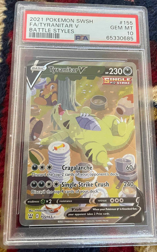 Battle Styles #155/163 Tyranitar V Alternate Full Art trading card in protective case.