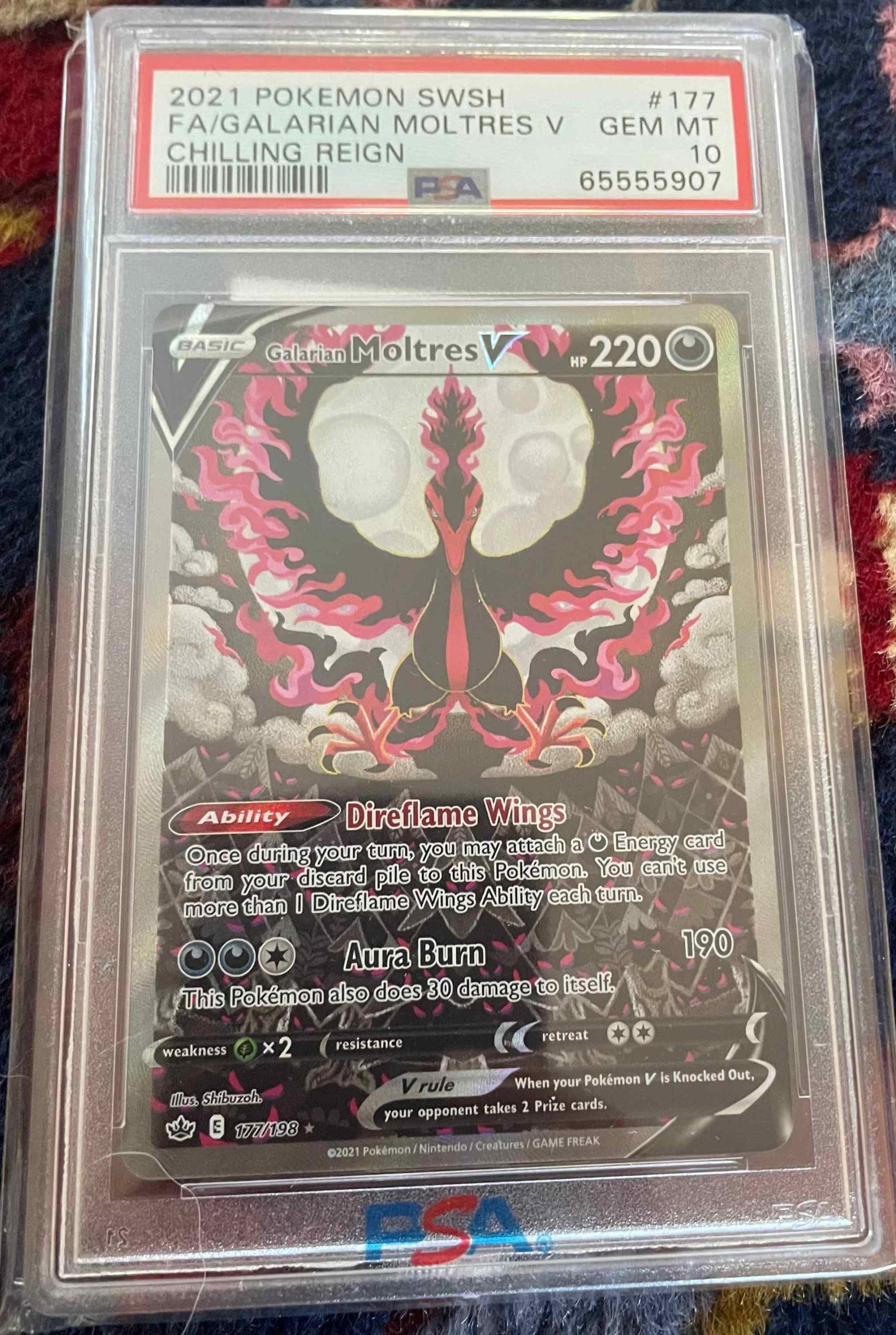Chilling Reign #177/198 Galarian Moltres V card, alternate full art design in case.