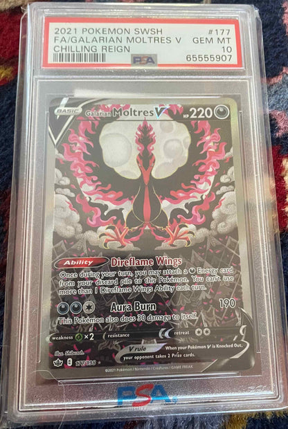 Chilling Reign #177/198 Galarian Moltres V card, alternate full art design in case.