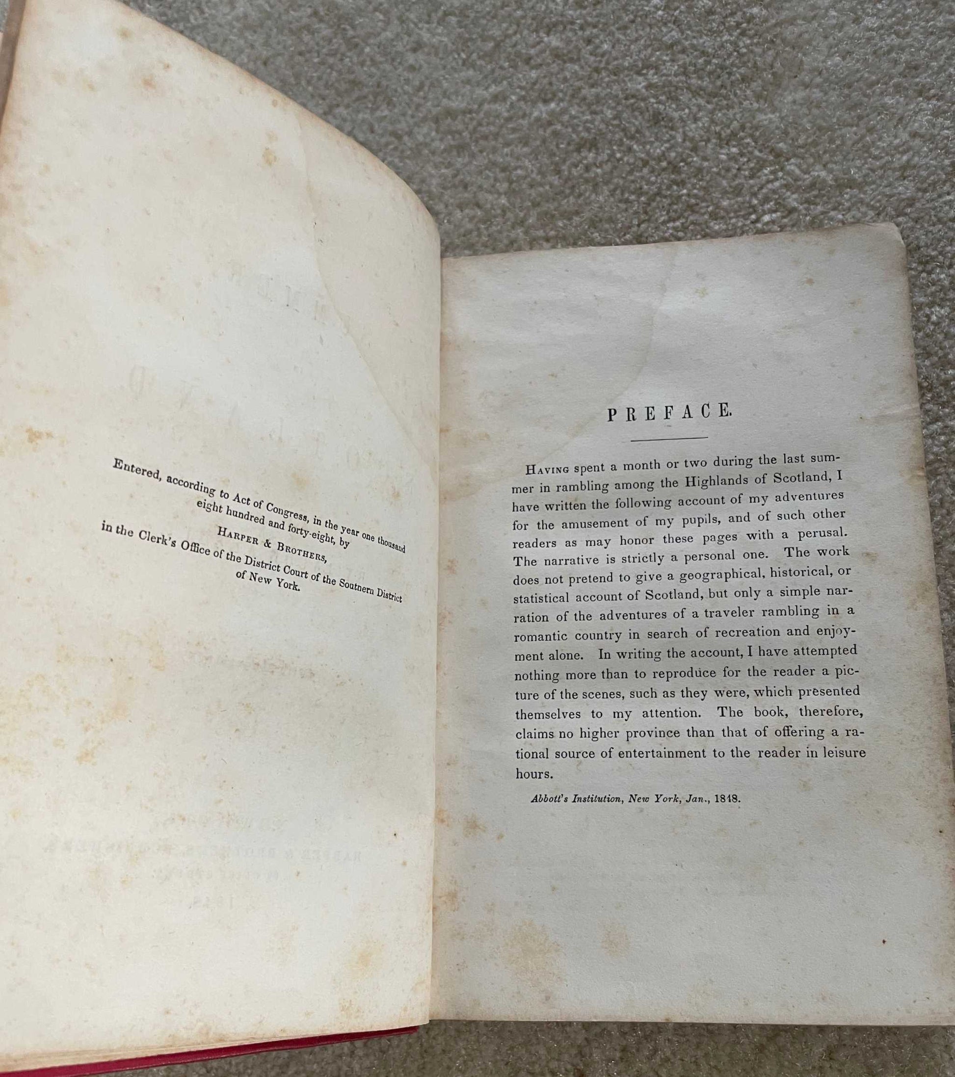 1848 1st Edition JACOB ABBOTT "A Summer in Scotland" by Jacob Abbott with red cover and ornate design.